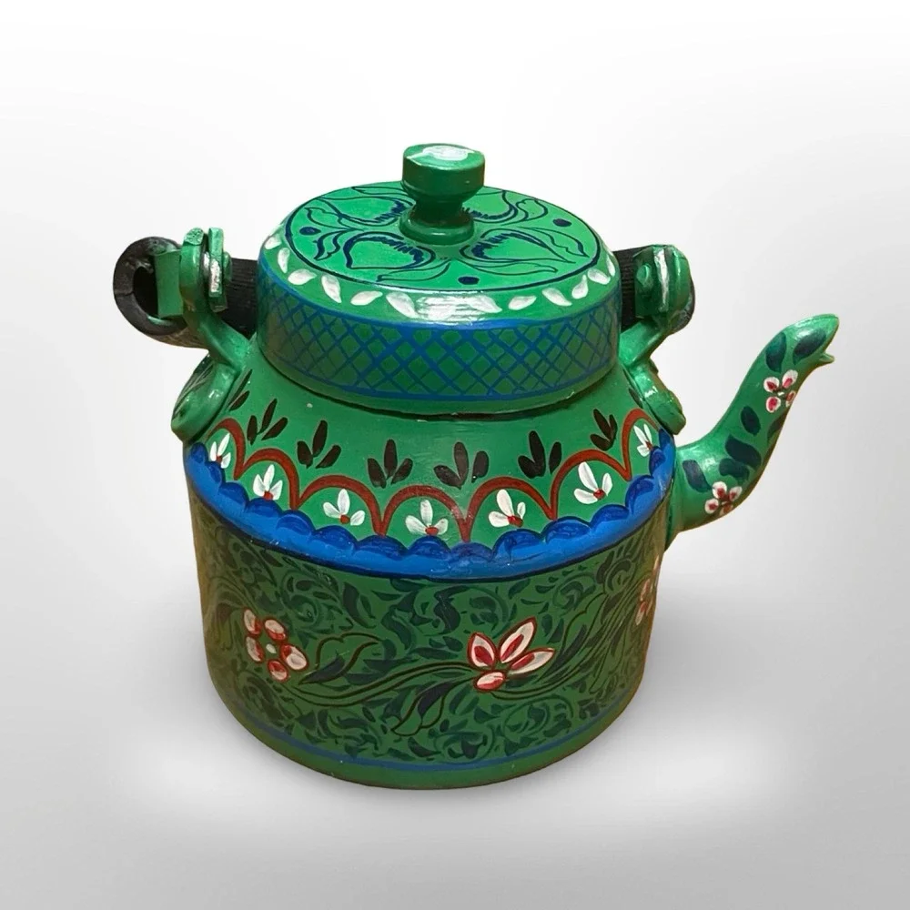 Hand Painted Green Teapot Traditional‎ Folk Art Floral Design Decorative boho